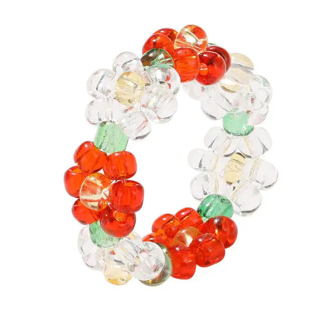 Y2k cute elastic flower beaded rings as seen on tiktok and pinterest - adjustable / red/white - ring