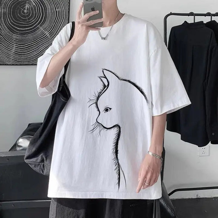 Comfortable unisex printed cat tee for everyday style - white / m