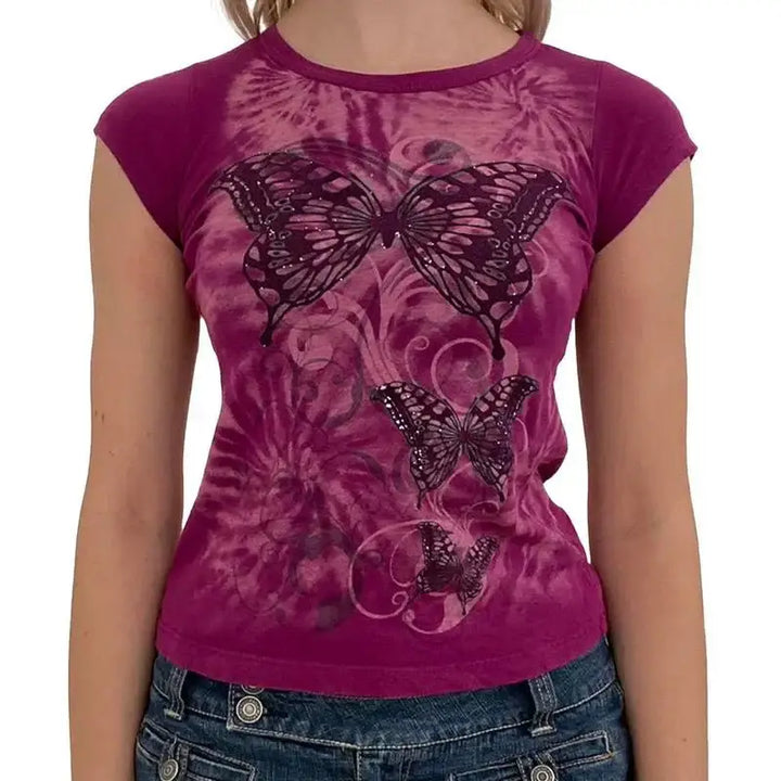 Y2k women’s short sleeve o-neck tee for summer - magenta / l