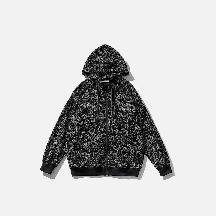 Full print graphic zip-up hoodie y2k - black / s - hoodies