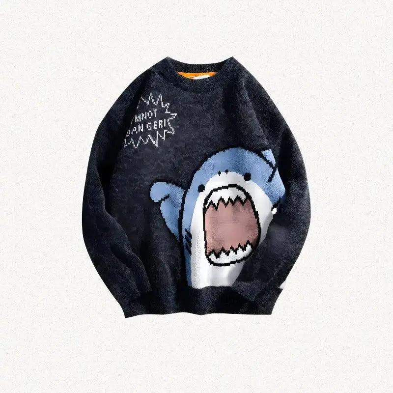 Whimsical y2k knitted sweater with shark graphic and sassy message - black / s