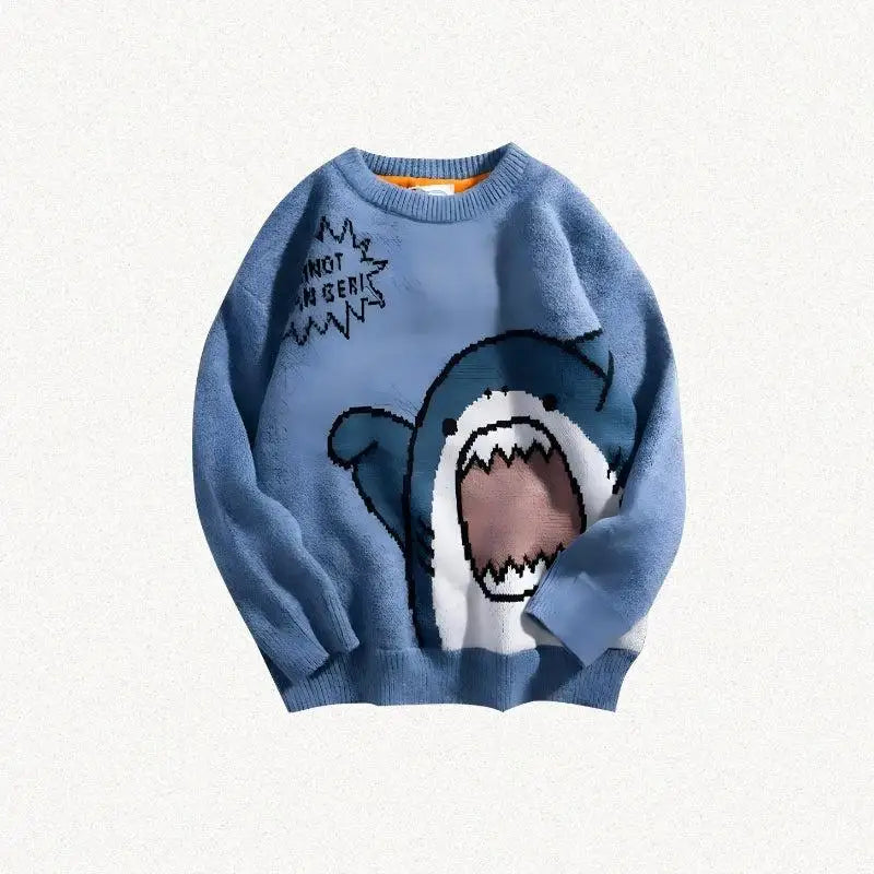 Whimsical y2k knitted sweater with shark graphic and sassy message - blue / s