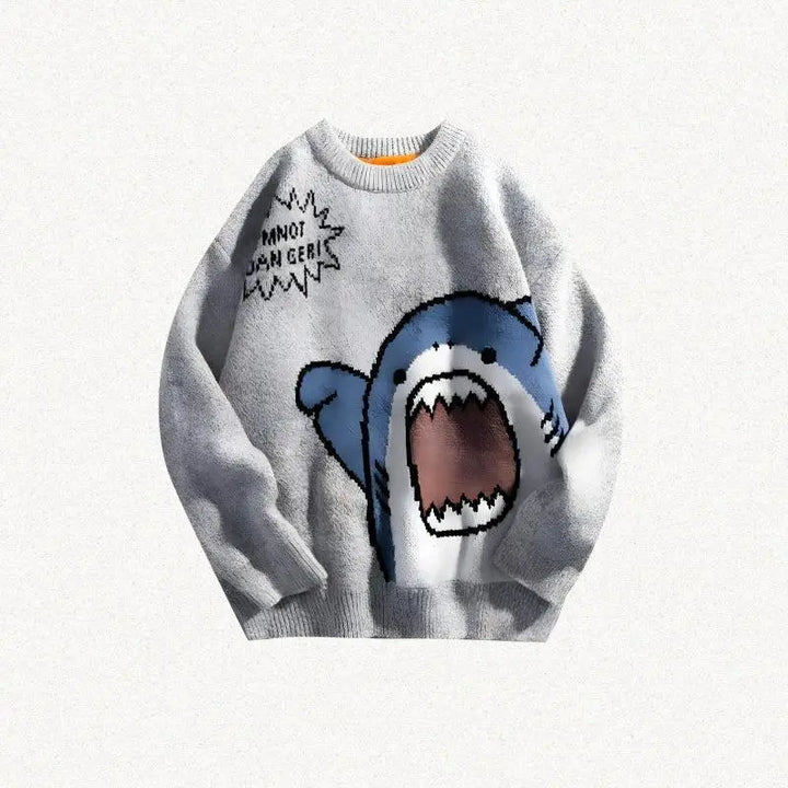 Whimsical y2k knitted sweater with shark graphic and sassy message - gray / s