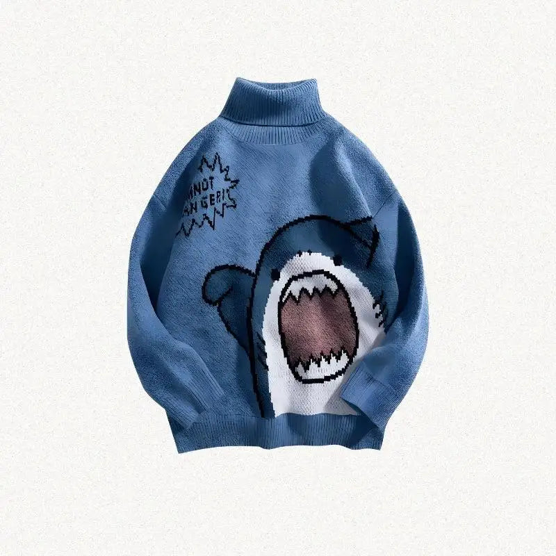 Whimsical y2k knitted sweater with shark graphic and sassy message - turtleneck blue / s