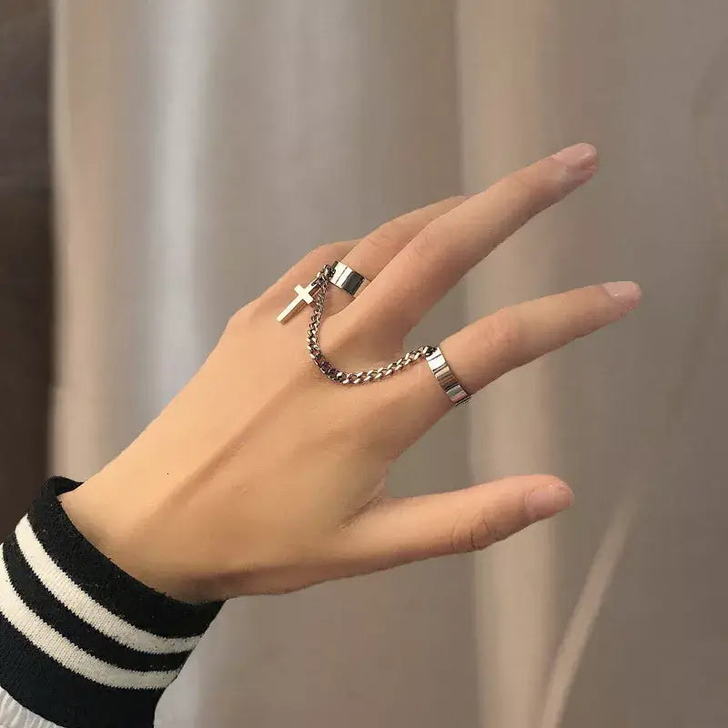 Geometric punk rings set with wrist chain y2k - 12