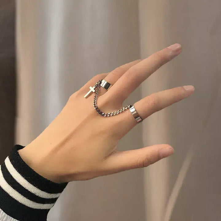 Geometric punk rings set with wrist chain y2k - 12