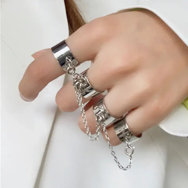 Geometric punk rings set with wrist chain y2k - 14