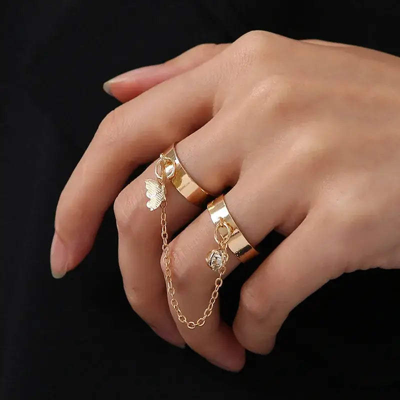 Geometric punk rings set with wrist chain y2k - 15