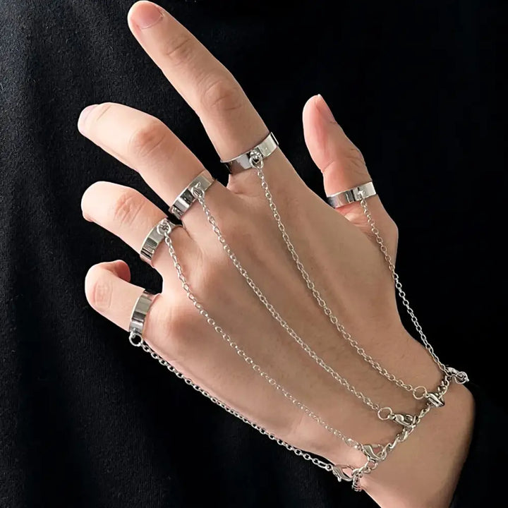 Geometric punk rings set with wrist chain y2k - 2