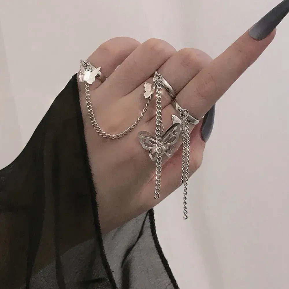 Geometric punk rings set with wrist chain y2k
