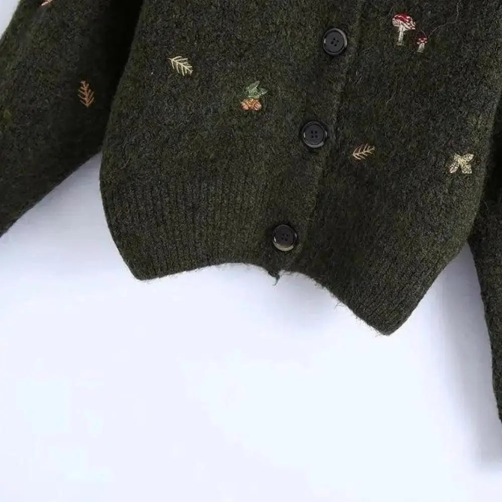 Whimsical goblincore knit jacket with mushroom embroidery - cardigan