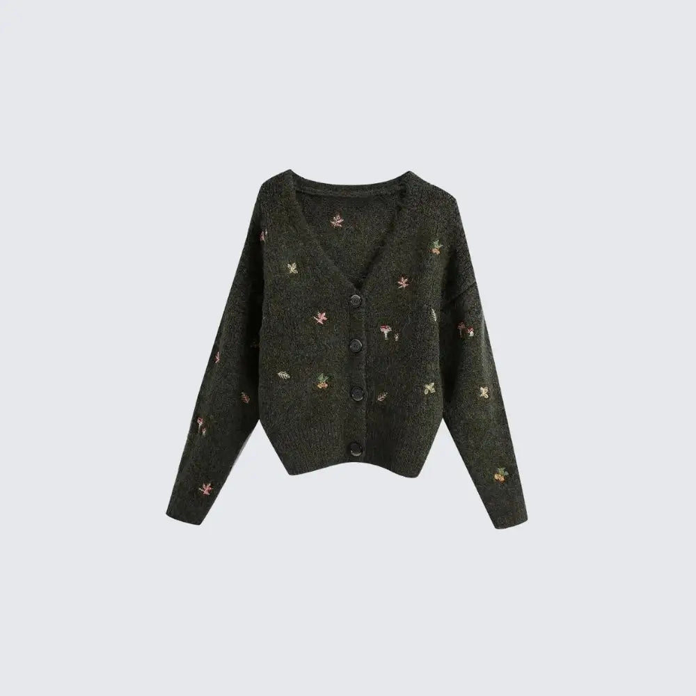 Whimsical goblincore knit jacket with mushroom embroidery - cardigan