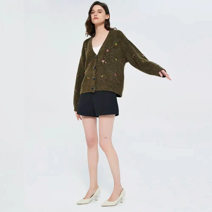 Whimsical goblincore knit jacket with mushroom embroidery - dark green / s - cardigan