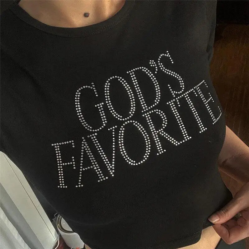 God’s favorite rhinestone crop top with crew neck y2k style - black / s