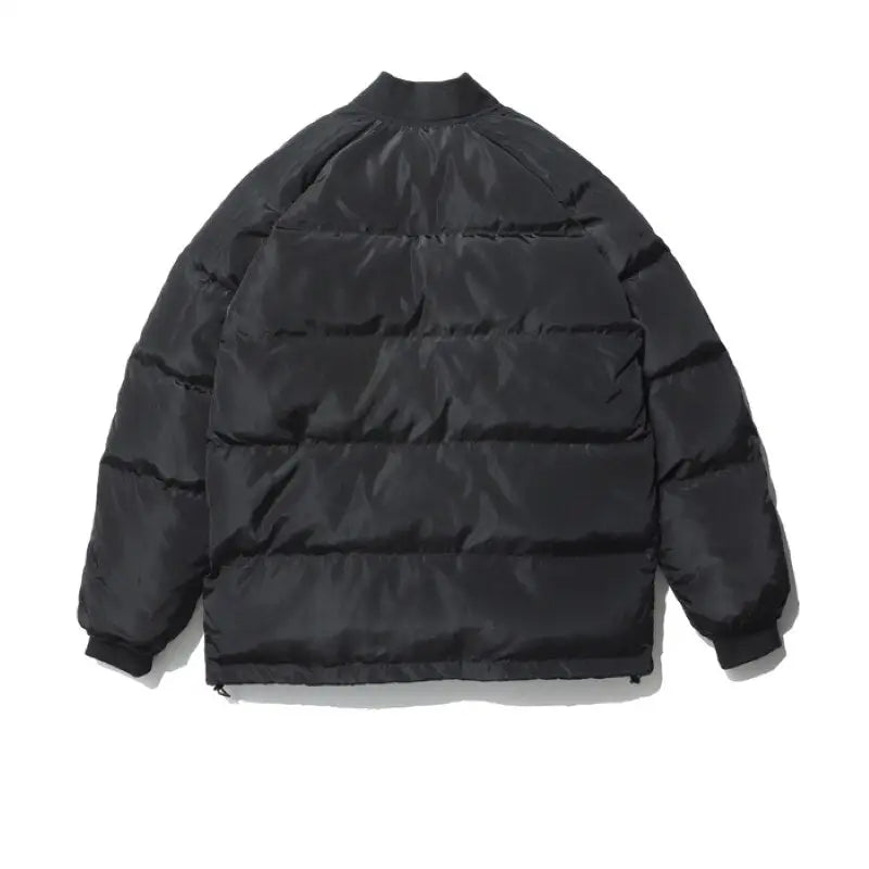 a black fleece jacket with a white logo on the back