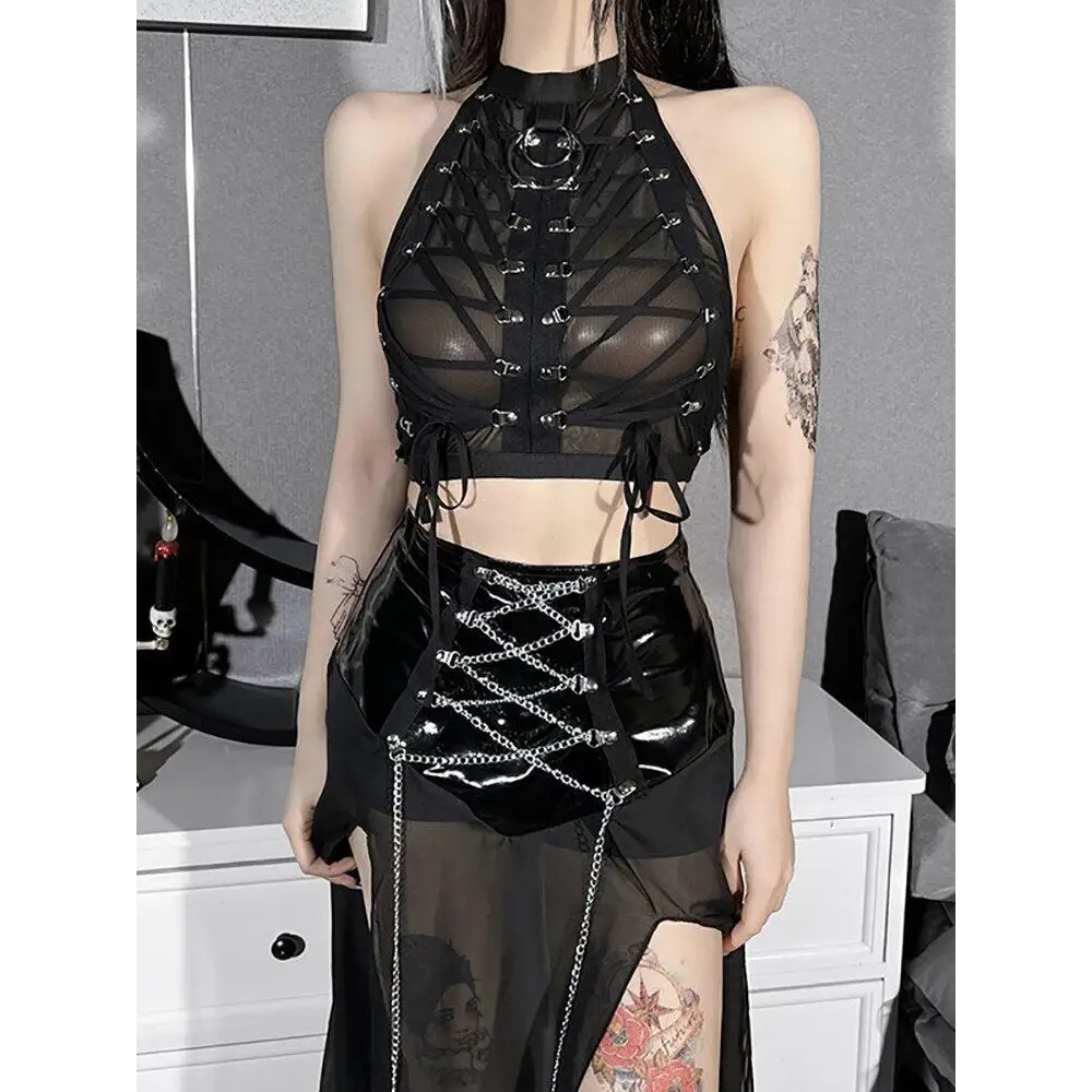 Backless cropped jacket in black with gothic mesh material influences - crop top