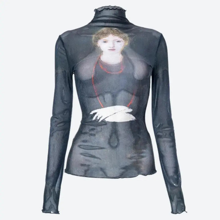 Goth dark female mesh top with unique print front and back