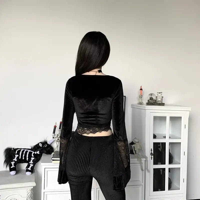 Y2k velvet crop top with dramatic flare cuffs and lace details