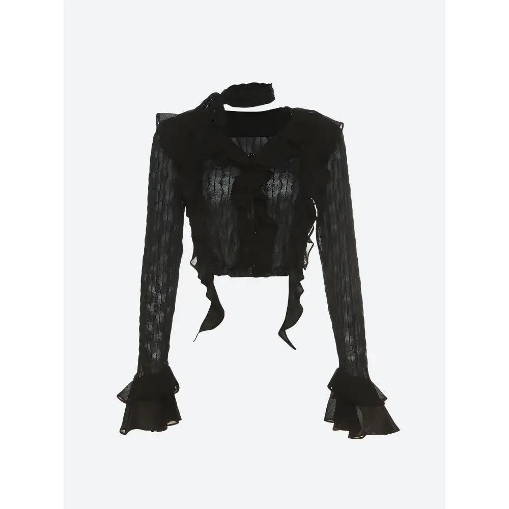 Y2k full zip jacket with ruffles and sheer finish - black / one size - crop top