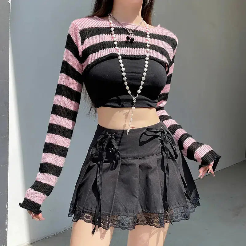 Goth striped knitted shrug sweater - pink / s