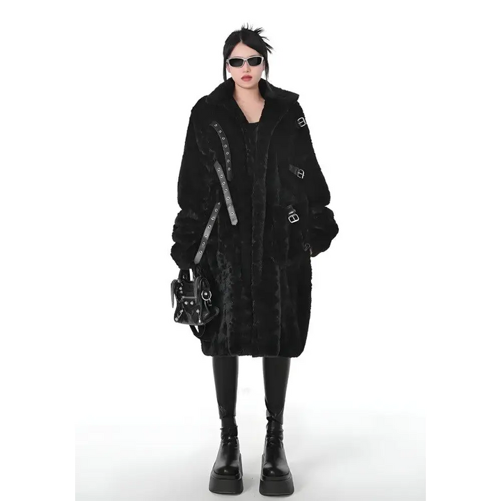 Luxurious faux fur jacket with belt fastening for y2k gothic style - black / s