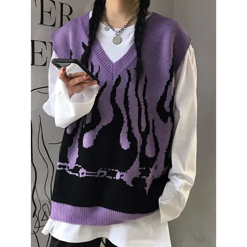 Gothic grunge flame sleeveless v neck sweater vest - purple / s