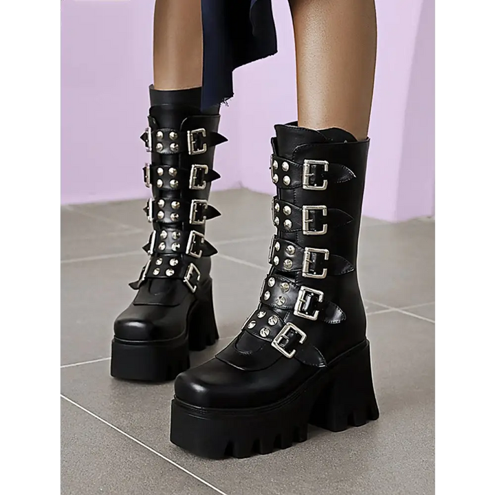 Y2k style ankle boots with zipper and buckle details