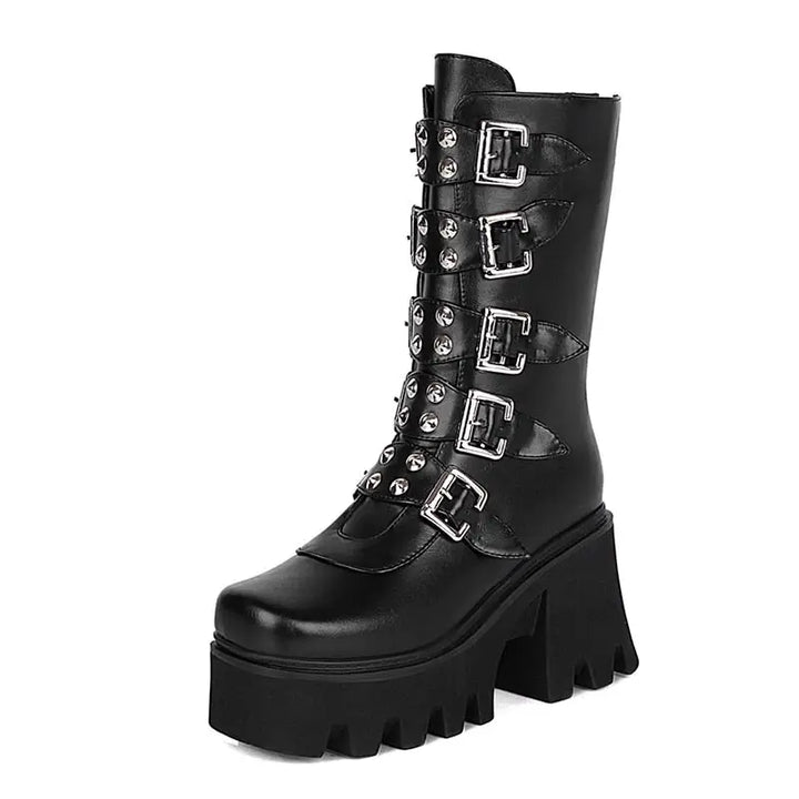 Y2k style ankle boots with zipper and buckle details - black / 4.5