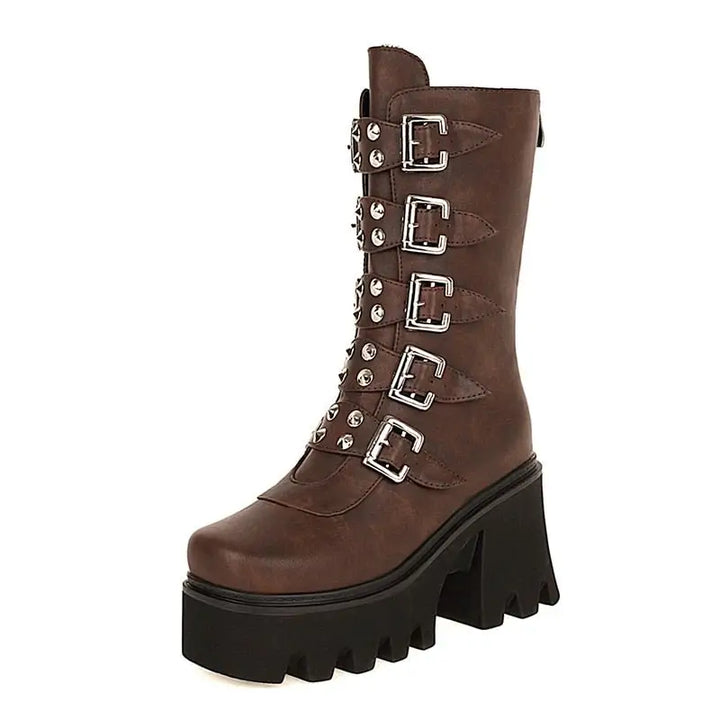 Y2k style ankle boots with zipper and buckle details - brown / 4.5