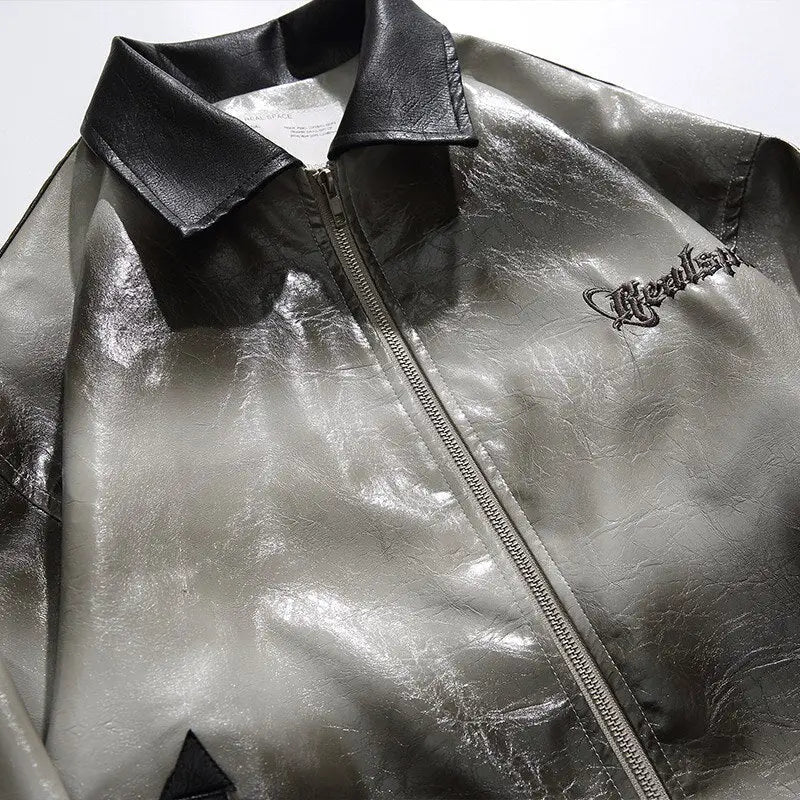 Gradient turn-down collar leather jacket y2k - jackets