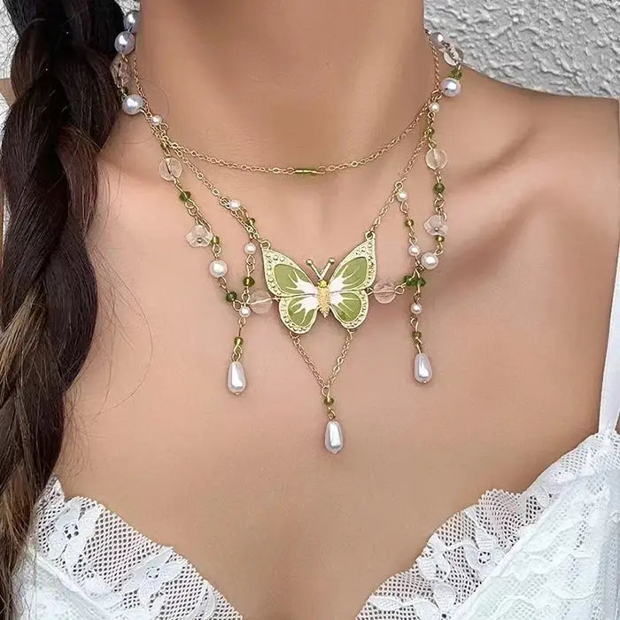 Green butterfly aesthetic layered necklace - standart