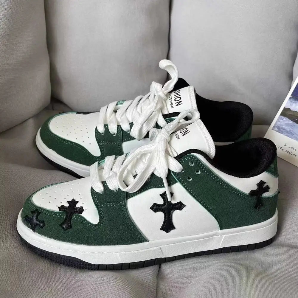 Y2k green cross sneakers with captivating patchwork design