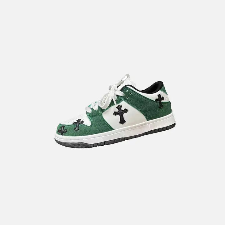 Y2k green cross sneakers with captivating patchwork design - 36