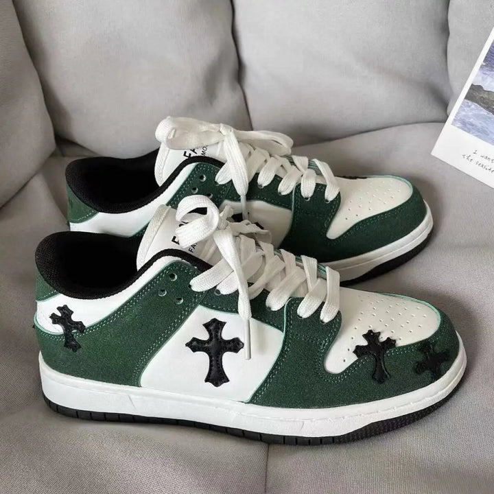 Y2k green cross sneakers with captivating patchwork design