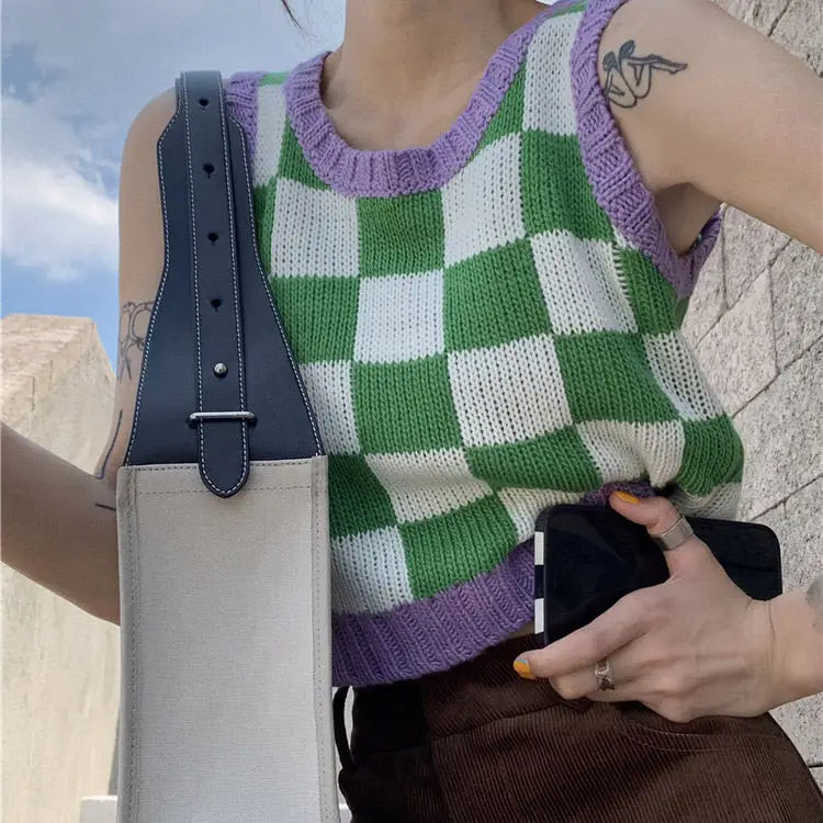 Y2k green and purple checkered knit sweater vest with ribbed trim - free size / green/purple