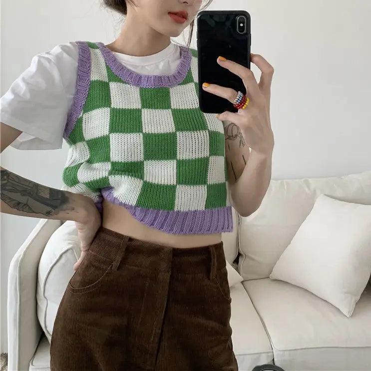 Y2k green and purple checkered knit sweater vest with ribbed trim - free size / green/purple