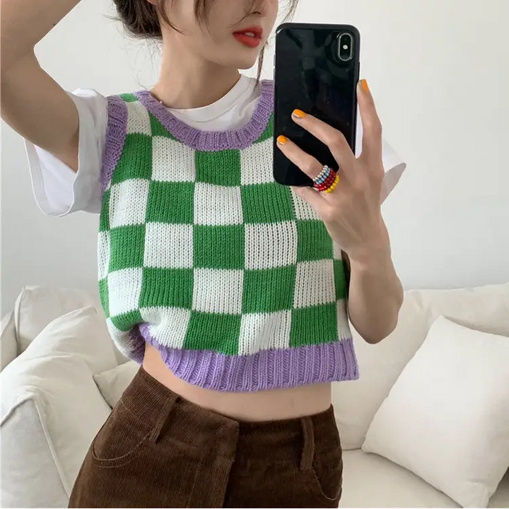 Y2k green and purple checkered knit sweater vest with ribbed trim - free size / green/purple