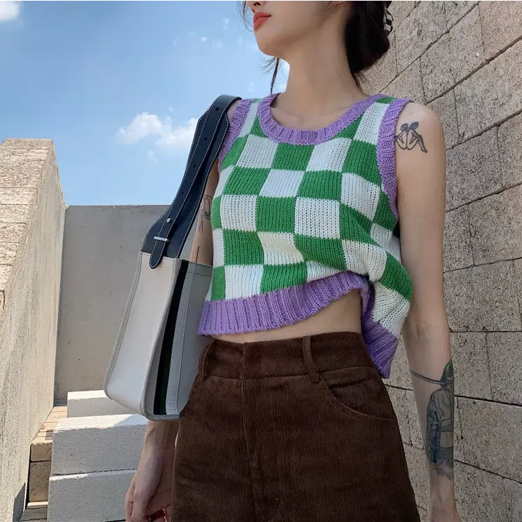 Y2k green and purple checkered knit sweater vest with ribbed trim - free size / green/purple