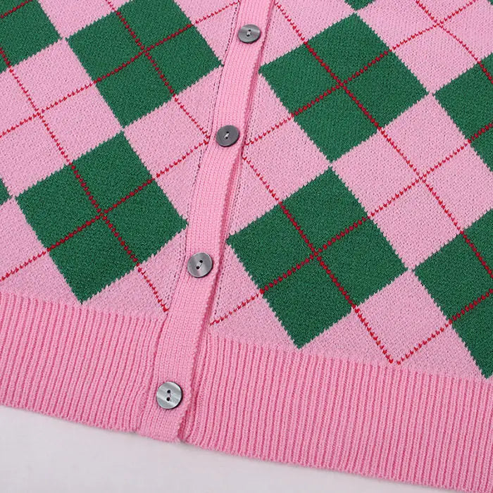 Pink argyle cardigan v-neck y2k style full zip jacket