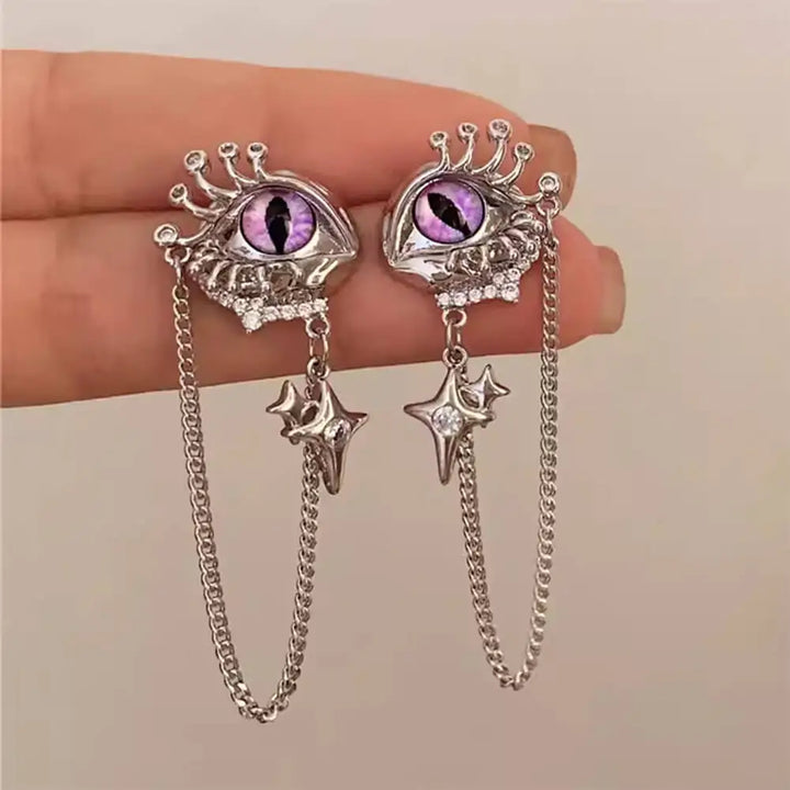 Grunge aesthetic eyes earrings with purple gems and star charms - standart / silver/purple - earrings