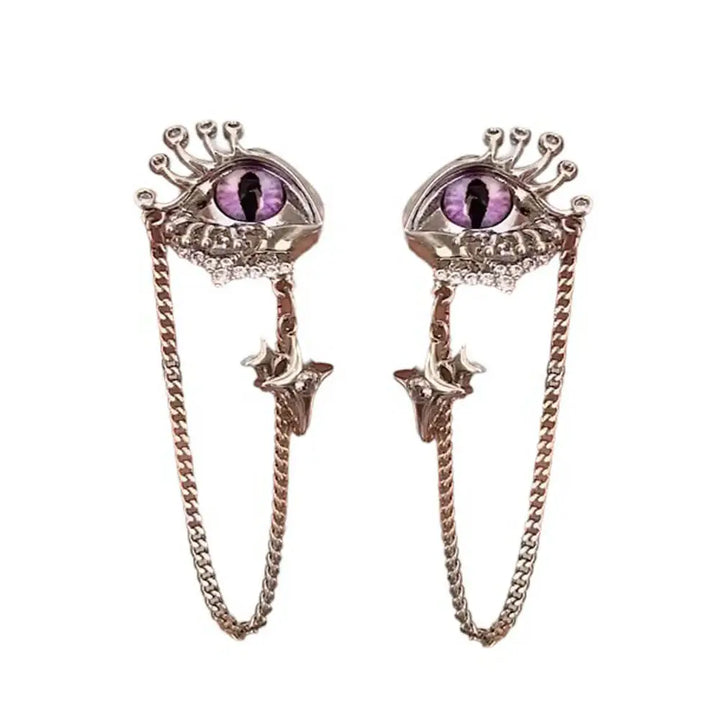 Grunge aesthetic eyes earrings with purple gems and star charms - standart / silver/purple - earrings