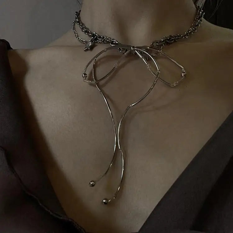 Bow-shaped choker blending grunge and coquette styles for y2k looks - standart / silver - necklace