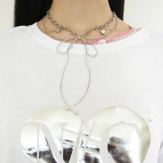 Bow-shaped choker blending grunge and coquette styles for y2k looks - standart / silver - necklace