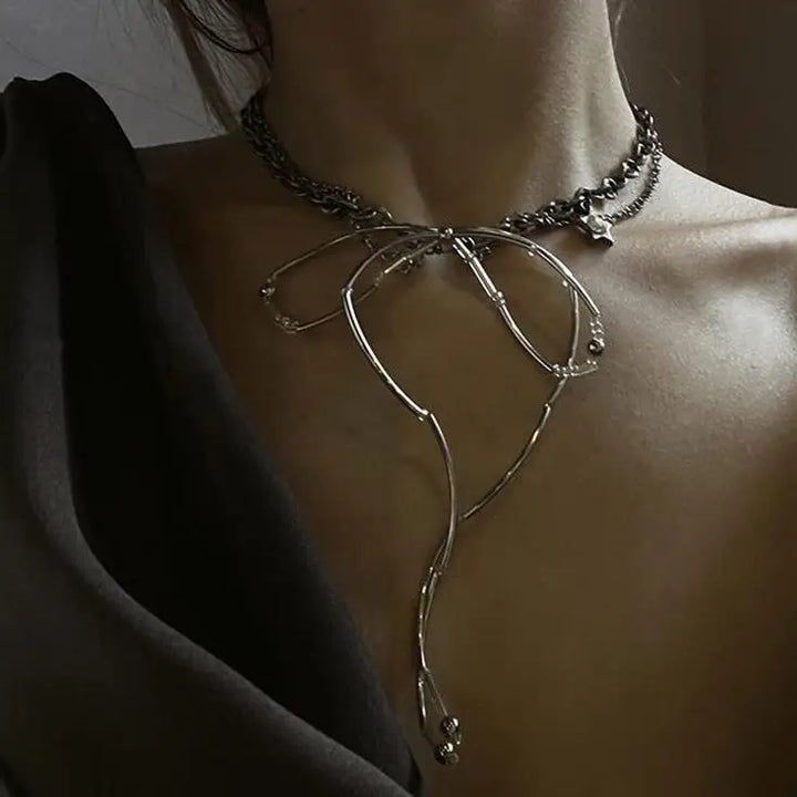 Bow-shaped choker blending grunge and coquette styles for y2k looks - standart / silver - necklace