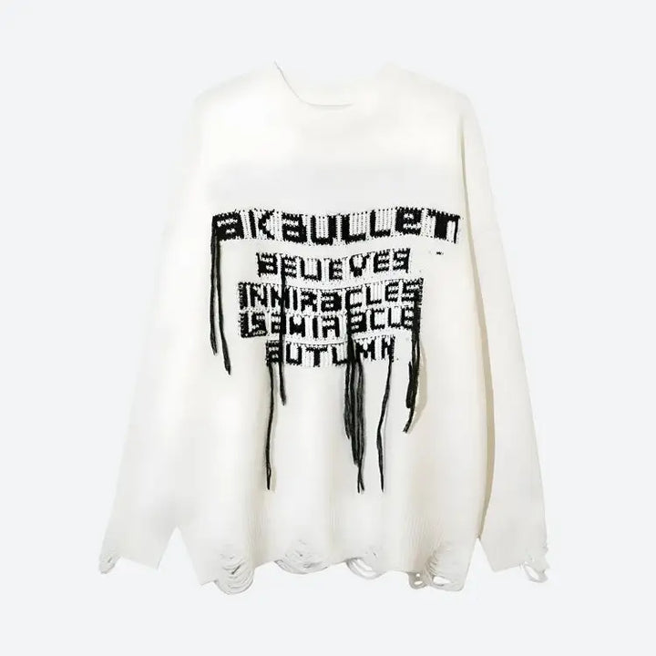 Grunge-inspired sweater with distressed details and pink accents - white / s