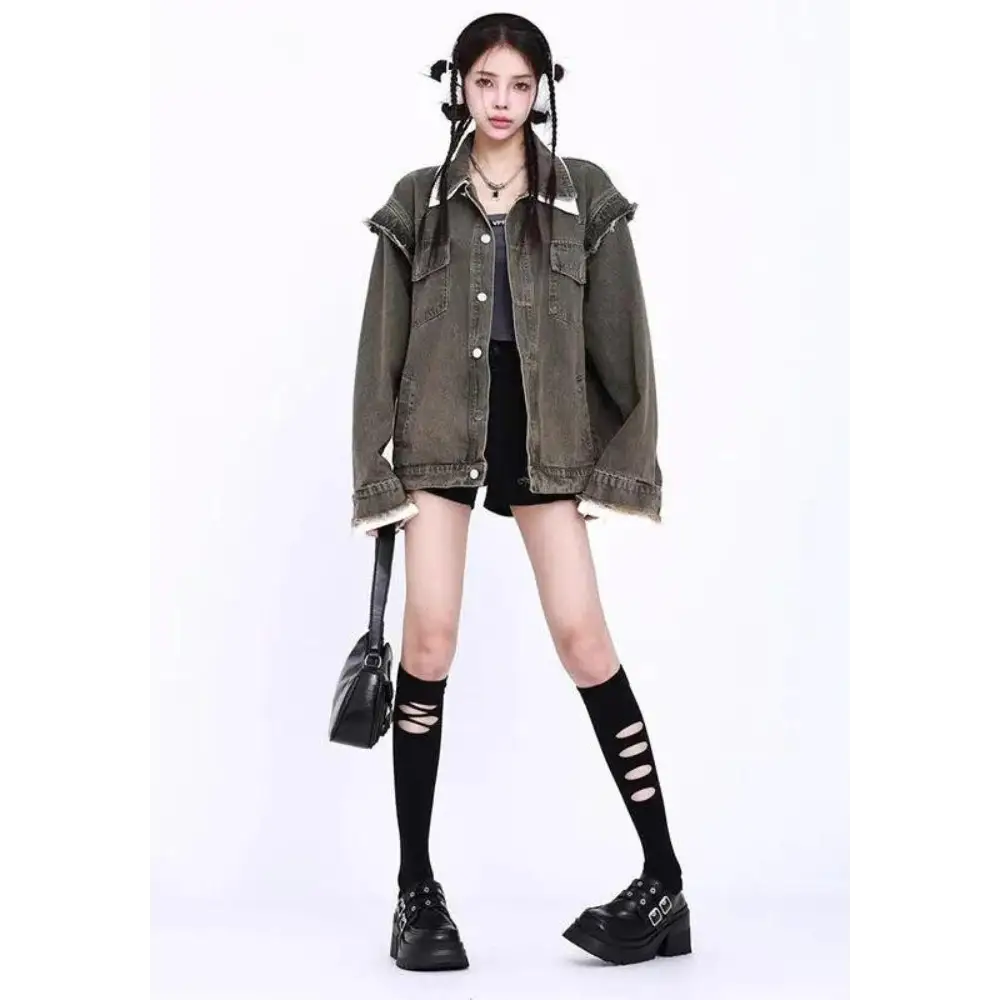 Distressed oversized denim jacket for a rugged urban look - army green / s