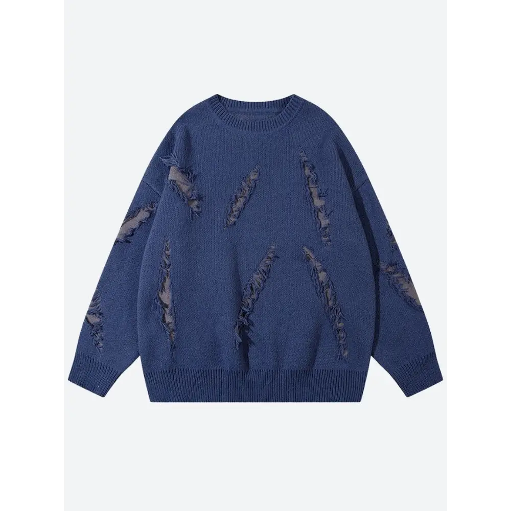 Unisex grunge sweater with distressed contrast colors design - navy / xs