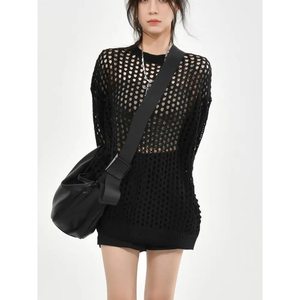 Crochet knit sweater embracing grunge aesthetic and comfort - black / m