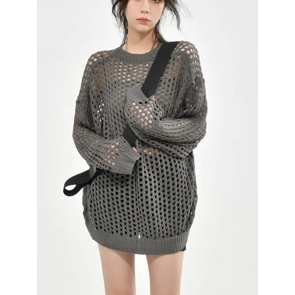 Crochet knit sweater embracing grunge aesthetic and comfort - gray / m