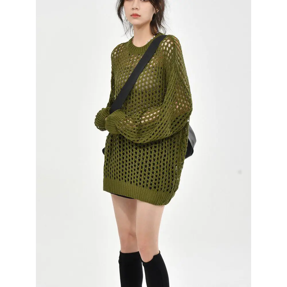 Crochet knit sweater embracing grunge aesthetic and comfort - green / m